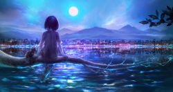 00 1girl barefoot black_hair blurry branch bug cat city city_lights cityscape cloud colorful dark depth_of_field dragonfly female_focus full_moon highres insect looking_afar moon moonlight mountain night nightgown original reflection scenery short_hair sitting sky solo water