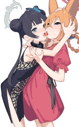 2girls absurdres animal_ears black_dress black_hair blue_archive braid braided_hair_rings butterfly_hair_ornament china_dress chinese_clothes double_bun dragon_print dress fox_ears french_kiss grey_eyes grey_halo hair_between_eyes hair_bun hair_ornament hair_rings halo highres kisaki_(blue_archive) kiss kiss_focus looking_at_viewer multiple_girls open_mouth puffy_short_sleeves puffy_sleeves purple_eyes red_dress red_halo rumi_(blue_archive) rumi_(small)_(blue_archive) saliva shiratama_mochi short_sleeves simple_background sleeveless sleeveless_dress tongue tongue_out twintails white_background yuri