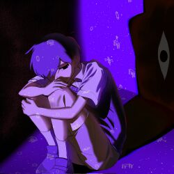 Rule 34 | 1boy, alternate hair color, ankle socks, black background, black eyes, brown shorts, collared shirt, empty eyes, from above, full body, hair behind ear, hair over one eye, hand on own knee, highres, hugging own legs, iomor snuuy, knees apart feet together, knees up, light particles, loafers, looking at viewer, male focus, no pupils, omori, one eye covered, purple background, purple hair, purple shoes, purple sweater vest, shadow, shirt, shoes, short hair, short sleeves, shorts, simple background, sitting, socks, solo, something (omori), sparkle, sunny (omori), sweater vest, very short hair, white shirt, white socks