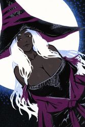 1girl akairiot black_skin breasts cleavage colored_skin commentary dark_skin dress elden_ring elden_ring_nightreign english_commentary eyelashes full_moon hat highres huge_breasts large_hat moon night off-shoulder_dress off_shoulder paid_reward_available purple_hat recluse_(elden_ring) smile solo very_dark_skin white_hair witch witch_hat