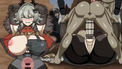 1girl 3boys angry animated animated_gif anus ass bar_censor breasts brown_eyes caesar_king_(zenless_zone_zero) censored clothed_female_nude_male clothed_sex colored_skin erection goblin goblin_male green_skin grey_hair huge_breasts huge_penis legs_up lying medium_hair monster multiple_boys netorare nipples nude one_breast_out penis restrained sex vaginal veins veiny_penis x-ray zenless_zone_zero