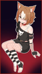 Rule 34 | 1girl, alternate costume, animal ears, belt, black background, black gloves, black shirt, black socks, brown hair, camisole, clockwork legacy, collar, dog ears, dog girl, fingerless gloves, fishnet gloves, fishnet pantyhose, fishnets, full body, gloves, gradient background, hair over one eye, highres, indie virtual youtuber, invisible chair, koragi, multicolored hair, off-shoulder shirt, off shoulder, pantyhose, red background, red collar, shirt, short hair, simple background, sitting, skull print, socks, stirrup legwear, striped clothes, striped socks, toeless legwear, two-tone hair, virtual youtuber, white camisole, white hair, white socks