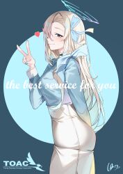 1girl absurdres alternate_costume ass ass_from_side asuna_(blue_archive) black_choker blonde_hair blue_archive blue_nails blue_shirt blush breasts choker commentary_request from_side gradient_halo halo hashtag-only_commentary high-waist_skirt highres jewelry large_breasts long_hair looking_at_viewer multicolored_halo profile ring shirt silver_ring siwa_(st_ekfrlfkep) skirt sleeve_cuffs smile solo v
