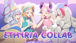 Rule 34 | 4girls, absurdly long hair, absurdres, ahoge, animal ears, aqua nails, bangs pinned back, bed, bed sheet, bird girl, black eyeshadow, black nails, blonde hair, blue hair, blush, bob cut, bow, braid, card, closed eyes, closed mouth, double bun, dress, english text, enna alouette, ethyria, extra ears, eyeshadow, fang, finger to eye, flower, fox ears, fox girl, fox tail, green dress, green eyes, green headband, grey hair, hair bow, hair bun, hair flower, hair ornament, hairclip, hand on another&#039;s waist, head wings, headband, highres, indian style, jacket, laughing, logo, long hair, long sleeves, looking at viewer, makeup, matching outfits, mature female, medium hair, midriff, millie parfait, mole, mole under eye, multicolored hair, multicolored legwear, multiple girls, nail polish, nijisanji, nijisanji en, nina kosaka, nrnmarie, official alternate costume, open mouth, orange legwear, outstretched arm, pink dress, pink headband, playing card, purple bow, purple dress, purple eyes, purple eyeshadow, purple headband, purple wings, red eyes, red headband, reimu endou, seiza, shirt, short eyebrows, short hair, shorts, side braid, signature, sitting, skin fang, sleeveless, smile, striped clothes, striped dress, tail, tank top, teeth, thighhighs, tongue, tongue out, twin braids, very long hair, virtual youtuber, white flower, white legwear, white shirt, white tank top, wings, yellow jacket, yellow shorts