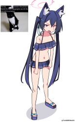 1girl angry animal_ear_fluff animal_ears bikini blue_archive blue_bikini blue_hair blue_sandals cat cat_ears cat_girl commentary d: english_commentary english_text fang frilled_bikini frills full_body halo highres long_hair midriff navel off-shoulder_bikini off_shoulder open_mouth pink_eyes pink_halo profanity real_life reference_inset sandals serika_(blue_archive) serika_(swimsuit)_(blue_archive) simple_background solo standing swimsuit tsunderemaids twintails twitter_username uni_(cat) v-shaped_eyebrows very_long_hair white_background