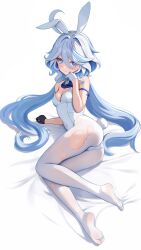 1girl ahoge animal_ear_hairband animal_ears ascot ass asymmetrical_gloves bare_shoulders bed_sheet black_gloves blue_ascot blue_eyes blue_gemstone blue_hair blue_pupils blush breasts cleavage closed_mouth commentary_request covered_navel drop-shaped_pupils fake_animal_ears fake_tail furina_(genshin_impact) gem genshin_impact gloves hair_between_eyes hairband hand_up heterochromia highres leotard long_hair lying medium_breasts mismatched_gloves multicolored_hair on_side pantyhose playboy_bunny rabbit_ears rabbit_tail rrr_gns_(riuriu_1212) solo strapless strapless_leotard streaked_hair symbol-shaped_pupils tail torn_clothes torn_pantyhose very_long_hair white_gloves white_hair white_hairband white_leotard white_pantyhose