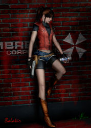 Rule 34 | boots, claire redfield, g virus, gloves, gun, handgun, highres, jacket, miniskirt, ponytail, red hair, resident evil, resident evil: the darkside chronicles, resident evil 2, skirt, umbrella, weapon