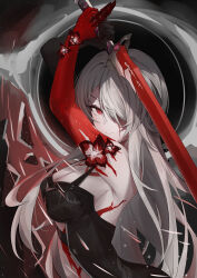 1girl absurdres acheron_(honkai:_star_rail) arm_up black_hole body_markings breasts closed_mouth colored_extremities commentary flower from_side grey_hair hair_over_one_eye highres holding holding_sword holding_weapon honkai:_star_rail honkai_(series) huyn_ebuns katana limited_palette long_hair looking_at_viewer medium_breasts official_alternate_color red_eyes red_flower red_hands solo sword upper_body weapon