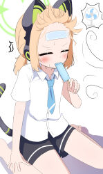 1girl ^^^ absurdres alternate_hairstyle animal_ear_headphones animal_ears aqua_necktie bare_legs barefoot black_shorts black_tail blonde_hair blue_archive blush buttons cat_ear_headphones cat_ears cat_tail closed_eyes cold_pack collared_shirt commentary electric_fan fake_animal_ears fake_tail fingernails floating_hair food food_in_mouth forehead green_halo halo hand_on_own_leg hand_up headphones highres holding holding_food holding_popsicle holding_stick knees_out_of_frame low_ponytail medium_hair melting_popsicle midori_(blue_archive) necktie no_jacket no_legwear ponytail popsicle popsicle_in_mouth popsicle_stick shadow shirt short_ponytail short_shorts short_sleeves shorts sidelocks simple_background sitting solo spiral_(udon) spoken_sweatdrop stick sweat sweatdrop tail tail_raised toes untucked_shirt v-shaped_eyebrows wariza white_background white_shirt wind