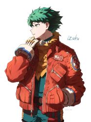 1boy boku_no_hero_academia character_name freckles from_side gloves green_eyes green_hair hand_in_pocket high_collar highres jacket male_focus midoriya_izuku orange_jacket short_hair simple_background solo soru_2023 superhero_costume teeth twitter_username upper_body white_background white_gloves