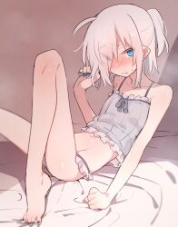1girl azuma_shino bare_shoulders barefoot blue_eyes blue_nails blush camisole collarbone emaciated embarrassed eyes_visible_through_hair feet flat_chest frilled_camisole frilled_panties frills hair_over_one_eye highres looking_at_viewer multicolored_nails nail_polish navel nose_blush nowareno_(azuma_shino) original panties pointy_ears ponytail short_hair short_ponytail simple_background sitting slit_pupils solo sweatdrop toenail_polish toenails toes two-tone_nails underwear underwear_only wavy_mouth white_hair