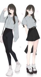 Rule 34 | 1girl, ama mitsuki, ankle socks, belt, black hair, black pants, black shoes, black skirt, brown belt, brown eyes, collared shirt, commentary, frilled socks, frills, full body, grey hoodie, grey shirt, heart, highres, hood, hoodie, long hair, long sleeves, looking at viewer, mask, mouth mask, original, pants, shirt, shoes, short sleeves, simple background, skirt, sleeves past wrists, sneakers, socks, spoken heart, standing, surgical mask, white background, white mask, white shoes, white socks