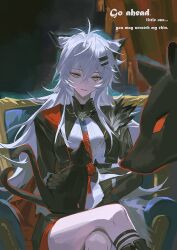 1girl absurdres aiguillette animal animal_ears animal_on_lap arknights black_dress blue_necktie breasts cape cat cat_on_lap chair crossed_legs dress english_text hair_between_eyes hair_ornament hairclip highres lappland_(arknights) lappland_the_decadenza_(arknights) light_smile long_hair long_sleeves looking_at_animal medium_breasts meng_ziya miss_christine_(arknights) multiple_tails necktie official_alternate_costume on_chair on_lap parted_lips petting red_cape red_necktie scar scar_across_eye scar_on_face short_dress single_shoulder_pad sitting smile tail two-tone_necktie two_tails white_eyes white_hair wide_sleeves wolf wolf_brooch wolf_ears wolf_girl wolf_tail zaaro_(arknights)