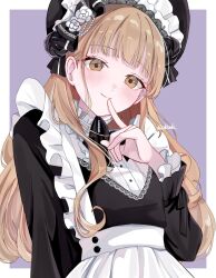 Rule 34 | 1girl, apron, arm at side, bib collar, black bonnet, black dress, black ribbon, blunt bangs, blush, bonnet, brown eyes, brown hair, choppy bangs, dress, finger to mouth, flower, frilled apron, frills, hair flower, hair ornament, hashtag-only commentary, highres, index finger raised, long hair, long sleeves, looking at viewer, maid, neck ribbon, nijisanji, official alternate costume, official alternate hairstyle, purple background, ribbon, sekizaki, shushing, sister claire, sister claire (11th costume), solo, twitter username, upper body, victorian maid, virtual youtuber, waist apron, wavy hair, white apron