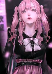 1girl absurdres aegyo_sal bag barbell_piercing belt belt_buckle black_belt black_shirt bow bowtie breasts buckle commentary cross cross_earrings ear_piercing earrings eyelashes grey_eyes highres jewelry jirai_kei latin_cross lipstick long_hair long_sleeves looking_at_viewer makeup mano_aaa medium_breasts mole mole_on_neck mole_under_eye original parted_lips piercing pink_hair pink_lips pink_skirt planet_necklace ringlets shirt shoulder_bag sidelocks skirt solo symbol-only_commentary two_side_up upper_body white_bow white_bowtie
