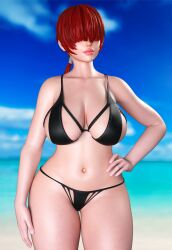 1girl beach bikini breasts clothing_cutout curvy female_focus hand_on_own_hip huge_breasts large_breasts long_hair outdoors pale_skin panties ponytail ryu4life ryuhoshi4life shermie_(kof) shiny_skin sky standing swimsuit the_king_of_fighters thick_lips thick_thighs thighs underwear water wide_hips