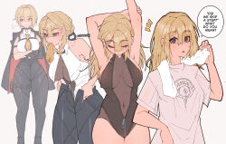 1girl arm_strap blonde_hair chest_harness commentary english_commentary english_text evelyn_chevalier hair_down hair_up harness high-waist_pants highres navel pants purple_eyes see-through_clothes shirt solo speech_bubble tight_clothes tight_pants undressing wokiiarts zenless_zone_zero