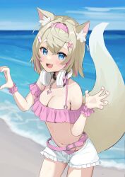 Rule 34 | 1girl, alternate costume, animal ear fluff, animal ears, bandaid, bandaid hair ornament, bare shoulders, beach, belt, bikini, bikini under shorts, blonde hair, blue eyes, blue sky, blush, breasts, claw pose, cleavage, collarbone, dog ears, dog girl, dog tail, front-tie bikini top, front-tie top, hair ornament, headphones, heart, heart hands, heart hands duo, highres, hololive, hololive english, horn hairband, looking at viewer, medium breasts, mococo abyssgard, multicolored hair, navel, open mouth, pink belt, pink bikini, pink hair, pink nails, pink scrunchie, scrunchie, short hair, short shorts, shorts, sky, smile, solo, stomach, swimsuit, taachika, tail, unworn headphones, virtual youtuber, white shorts, wrist scrunchie, x hair ornament
