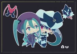 2girls black_choker black_gloves blue_eyes blue_hair blush_stickers bow bug_miku_(project_voltage) chibi chibi_only choker closed_umbrella dark_miku_(project_voltage) dress full_body gen_4_pokemon gen_8_pokemon gloves grey_background hair_between_eyes hat hat_bow hatsune_miku highres kricketune long_hair luxury_ball multiple_girls necktie nintendo no_nose obstagoon open_mouth outline pink_eyes poke_ball pokemon project_voltage purple_dress purple_hat serihara twintails umbrella very_long_hair vocaloid white_hat white_outline