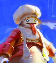 absurdres blue_background blue_sky bonnet closed_mouth commentary english_commentary faux_traditional_media final_fantasy final_fantasy_ix hat highres jacket long_sleeves looking_at_viewer no_humans open_clothes quina_quen red_jacket simple_background sketch sky smile solo standing tongue tongue_out upper_body white_hat yuming_li