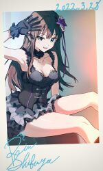 1girl :d absurdres arm_up armpits black_dress black_gloves black_hair bloom_into_me15 breasts collarbone dated dress earrings feet_out_of_frame flower frilled_dress frills gloves green_eyes hair_flower hair_ornament highres idol idolmaster idolmaster_cinderella_girls jewelry medium_breasts open_mouth photo_(object) purple_flower shibuya_rin signature smile straight_hair stud_earrings thighs