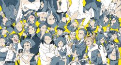 6+boys 6+girls absolutely_everyone aika_(toshi_densetsu_kaitai_center) bald blue_eyes blue_hair braid closed_eyes collared_shirt commentary_request cone_hair_bun crossed_arms double_bun dress everyone frilled_shirt frilled_sleeves frills fujiwara_(toshi_densetsu_kaitai_center) fukurai_azami glasses guide_(toshi_densetsu_kaitai_center) hair_bun hand_on_own_chin hat hatakeyama_(toshi_densetsu_kaitai_center) highres hinata_(toshi_densetsu_kaitai_center) hirutsuka_village_old_man holding holding_phone honda_(toshi_densetsu_kaitai_center) hood hood_down inoue_(toshi_densetsu_kaitai_center) ito_yusuke jacket jasmine_(toshi_densetsu_kaitai_center) kimura_(toshi_densetsu_kaitai_center) kisaragi_tsutomu kiyomoto_(toshi_densetsu_kaitai_center) kurosawa_seiji kurosawa_yuya librarian_(toshi_densetsu_kaitai_center) limited_palette long_hair long_sleeves looking_at_viewer looking_to_the_side mask matsuda_ryota mature_male mayusaki_jun meguriya_ayumu multiple_boys multiple_girls nakata_(toshi_densetsu_kaitai_center) neighbor_(toshi_densetsu_kaitai_center) nishitani_(toshi_densetsu_kaitai_center) nogizi old old_man old_woman open_mouth park_manager_(toshi_densetsu_kaitai_center) phone profile pushing_wheelchair rescue_team_member_(toshi_densetsu_kaitai_center) rina_(toshi_densetsu_kaitai_center) sato_mio shimizu_eiko shirt short_hair smile sweatdrop tanihara_kinoko tomiiri_junzo toshi_densetsu_kaitai_center toshikai-kun upper_body upside-down video_camera wheelchair yamada_gasmask yellow_background