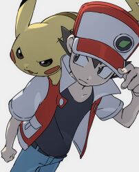 Rule 34 | 1boy, baseball cap, black eyes, black hair, black shirt, blue pants, clenched hand, closed mouth, gen 1 pokemon, grey background, hair between eyes, hand on headwear, hat, male focus, nintendo, on shoulder, pants, pikachu, pokemon, pokemon (creature), pokemon lgpe, pokemon on shoulder, popo92 z, red (pokemon), shirt, short sleeves, simple background, spiked hair