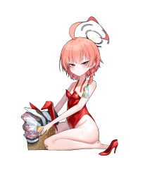 Rule 34 | 1girl, absurdres, ahoge, animal ear hairband, animal ears, asymmetrical hair, bandaid, bandaid on knee, bandaid on leg, black halo, blue archive, breasts, fake animal ears, hairband, halo, highres, huge ahoge, jacket, leotard, mole, mole under each eye, mole under eye, multiple moles, neck ribbon, neru (blue archive), neru (bunny) (blue archive), orange hair, oversized breast cup, playboy bunny, print jacket, rabbit ears, red eyes, red leotard, ribbon, seoly ouo, short hair, small breasts, solo, strapless, strapless leotard, sukajan, undone neck ribbon, unworn hairband, unworn jacket