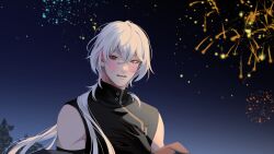 1boy a_date_with_death aegyo aerial_fireworks blush casper_(a_date_with_death) fireworks gradient_background hair_flowing_over hair_over_shoulder highres jacket jacket_partially_removed jellyfish_cut large_variant_set light_particles looking_at_viewer male_focus nervous night night_sky non-web_source official_art open_mouth red_eyes sky sleeveless sleeveless_turtleneck solo surprised tree turtleneck upper_body variant_set white_hair wide-eyed