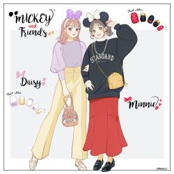 2girls bow brown_hair character_name copyright_name daisy_duck hair_bow humanization looking_at_viewer meecosme mickey_mouse_&amp;_friends minnie_mouse minnie_mouse_ears multiple_girls nail_polish open_mouth ponytail shirt short_hair short_ponytail smile translation_request