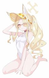1girl animal_ears blonde_hair blue_archive breasts dreamoon fox_ears fox_girl highleg highleg_one-piece_swimsuit highres long_hair looking_at_viewer one-piece_swimsuit pink_eyes seia_(blue_archive) seia_(swimsuit)_(blue_archive) simple_background sitting small_breasts solo sunglasses swimsuit visor_cap white_background white_one-piece_swimsuit