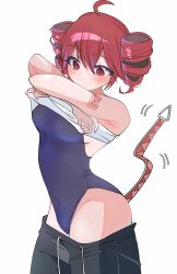 1girl arm_tattoo armpits blue_one-piece_swimsuit blush breasts commentary commentary_request covered_navel highres ichill_okuzaki kasane_teto medium_breasts one-piece_swimsuit red_eyes red_hair ringlets sideboob simple_background solo swimsuit tattoo twintails undressing upper_body utau white_background