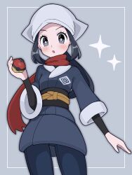 1girl :o akari_(pokemon) black_hair black_sash black_shirt blush bright_pupils commentary_request eyelashes grey_background grey_eyes grey_jacket grey_skirt hand_up headscarf highres hisuian_poke_ball holding holding_poke_ball jacket koniko_(525lj) long_hair looking_down nintendo open_mouth poke_ball pokemon pokemon_legends:_arceus ponytail red_scarf sash scarf shirt sidelocks skirt solo sparkle white_headscarf white_pupils