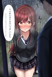 1boy 1girl arms_behind_back bag blush breasts business_suit cleavage collarbone collared_shirt diagonal-striped_clothes diagonal-striped_necktie formal_clothes grey_skirt grey_sweater hair_between_eyes highres idolmaster idolmaster_shiny_colors long_hair long_sleeves looking_at_another necktie open_mouth osaki_amana plaid_clothes plaid_skirt pleated_skirt producer_(idolmaster) rain red_hair school_bag shingi_(truth_fakesingi) shirt skirt standing striped_clothes striped_necktie suit sweater swept_bangs translation_request wet wet_clothes wet_hair white_shirt yellow_eyes