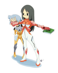 Rule 34 | 2girls, black eyes, black hair, blue hair, blush, book, closed eyes, cube hair ornament, glasses, hair ornament, long hair, lord philman, mecha pilot suit, minakami mai, multiple girls, naganohara mio, neon genesis evangelion, nichijou, plugsuit (evangelion), shadow, short hair, simple background, standing, twintails, white background