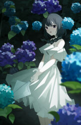 1girl absurdres black_hair braid closed_umbrella dress ehen_yyy feet_out_of_frame flower highres holding holding_umbrella hydrangea long_hair looking_at_viewer miki_(virtuareal) nijisanji off-shoulder_dress off_shoulder open_mouth solo standing umbrella virtual_youtuber virtuareal white_dress