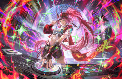 1girl belt black_hat black_shorts black_visor breasts commentary commission dj english_commentary green_eyes hand_on_own_hat hat horned_hat highres honkai:_star_rail honkai_(series) horns jacket jessica_wijaya long_hair looking_at_viewer navel pink_hair ponytail rappa_(honkai:_star_rail) red_horns red_jacket shirt shorts small_breasts smile solo tied_shirt very_long_hair white_belt white_shirt