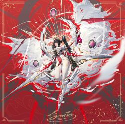 1girl absurdres artist_name black_hair bodysuit boots breasts crosscore dk.senie fox full_body highres large_breasts long_hair mechanical_wings orange_eyes pelvic_curtain red_background solo twintails very_long_hair white_bodysuit white_boots wings