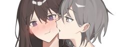 2girls bang_dream! bang_dream!_it&#039;s_mygo!!!!! biting biting_cheek blush brown_eyes brown_hair closed_mouth commentary grey_hair highres linh_3l long_hair mole mole_under_eye multiple_girls shiina_taki short_hair simple_background symbol-only_commentary takamatsu_tomori white_background yuri