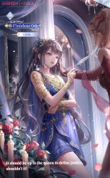2girls arch artist_request bare_shoulders black_hair blonde_hair blue_cape blue_dress blue_eyes blunt_bangs bridal_gauntlets candle cape chandelier clothing_cutout cowboy_shot crimson_night_song_(shining_nikki) doorway dress earrings face-to-face feather_hair_ornament feathers flower gold_necklace greco-roman_clothes hair_ornament hairband hand_on_another&#039;s_arm hand_on_own_elbow highres indoors jewelry kabedon light_particles lilith_(shining_nikki) lipstick long_dress long_hair looking_at_another loose_hair_strand makeup multiple_girls nail_polish necklace night nikki_(series) official_art painting_(object) parted_lips petals ponytail red_dress red_flower red_lips red_nails red_rose red_shawl rose rose_petals second-party_source shawl shining_nikki short_dress shoulder_cutout sleeveless sleeveless_dress sleeves_past_wrists smile snake_hair_ornament solo_focus stairs standing teeth timeless_ode_(shining_nikki) very_long_hair wavy_hair yellow_hairband zoey_(shining_nikki)