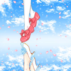 1girl blue_sky bow cardcaptor_sakura cardcaptor_sakura_clear_card_arc cloud commentary english_commentary falling_petals feet foot_focus footwear_bow high_heels kanaoto_neiro kinomoto_sakura out_of_frame petals pink_petals reflection sky solo thighhighs white_thighhighs