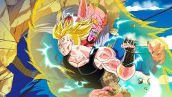 2boys angry aura blonde_hair blood cloud cloudy_sky colored_skin dabura dragon_ball green_eyes horns humillation lightning multiple_boys muscular muscular_male pointy_ears punching red_skin scratches serious sky super_saiyan super_saiyan_2 surprised tank_top trunks_(dragon_ball) trunks_(future)_(dragon_ball)