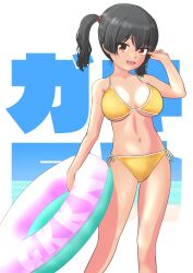 1girl bikini borrowed_character breasts fangs gaki_kyonyuu hair_between_eyes highres innertube large_breasts navel open_mouth original red_eyes sasaki_kanna side-tie_bikini_bottom solo swim_ring swimsuit twintails yellow_bikini