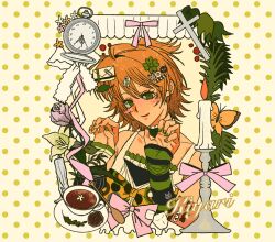1girl arm_warmers blush_stickers bow bug butterfly candle cat_hair_ornament circle_hair_ornament clock clover_hair_ornament cross cup envelope_hair_ornament flower green_eyes green_nails hair_ornament hairclip halftone halftone_background highres insect kiyari0628 leaf_hair_ornament lips orange_hair original ribbon rose smile tea teacup