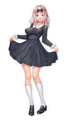 Rule 34 | 1girl, :d, absurdres, black bow, black shoes, blue eyes, blunt bangs, blush, bow, breasts, chinese commentary, collarbone, commentary request, covered erect nipples, dress, fujiwara chika, full body, hair bow, highres, impossible clothes, impossible dress, kaguya-sama wa kokurasetai ~tensai-tachi no renai zunousen~, kneehighs, large breasts, large variant set, loafers, long hair, long sleeves, looking at viewer, open mouth, pink hair, red ribbon, ribbon, school uniform, shoes, shuuchiin academy school uniform, skirt hold, sleeve cuffs, smile, socks, solo, standing, variant set, white background, white socks, xiaoxi0619