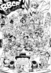 6+girls absurdres amane_nishiki arakune azrael_(blazblue) blazblue blazblue:_central_fiction bottle bullet_(blazblue) carl_clover celica_a._mercury chair computer cooking doll es_(xblaze) everyone food forked_eyebrows game_console gii greyscale hades_izanami hakumen hazama hibiki_kohaku highres ignis_(blazblue) indoors iron_tager kagura_mutsuki kisaragi_jin kokonoe_(blazblue) konoe_a._mercury lambda-11 laptop litchi_faye_ling mai_natsume makoto_nanaya mikado_(blazblue) minerva_(blazblue) monochrome multiple_girls nago naoto_kurogane nirvana_(blazblue) noel_vermillion nu-13 platinum_the_trinity rachel_alucard ragna_the_bloodedge relius_clover shishigami_bang shouting smile sword table tamuhime taokaka television tsubaki_yayoi valkenhayn_r_hellsing weapon yuuki_terumi