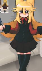 1girl absurdres animal_ears bad_id bad_twitter_id black_eyes black_necktie black_thighhighs black_vest blonde_hair bright_pupils closed_mouth commentary derivative_work english_commentary funamusea hair_between_eyes highres holding holding_knife iesonatana inactive_account knife long_sidelocks long_sleeves looking_at_viewer meme meme_request miniskirt moge-ko mogeko_(species) mogeko_castle necktie pleated_skirt red_shirt red_skirt reference_inset screenshot_redraw shirt sidelocks skirt smile solo standing thighhighs vest white_pupils