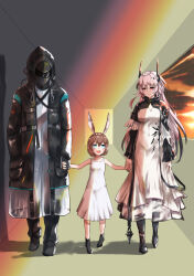 1other 2girls @labi1035 aged_down amiya_(arknights) animal_ears arknights black_coat black_dress black_horns black_shoes blue_eyes brown_hair cleavage_cutout clothing_cutout coat doctor_(arknights) dress highres holding_hands hood hooded_coat horns long_hair long_sleeves mask multiple_girls open_clothes open_coat pink_eyes pink_hair rabbit_ears shoes short_hair sleeveless sleeveless_dress theresa_(arknights) two-tone_dress white_dress