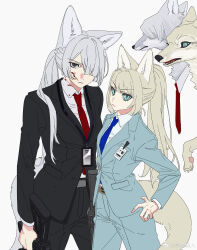 Rule 34 | 2girls, absurdres, ak-15 (erwin) (girls&#039; frontline), ak-15 (girls&#039; frontline), alva (girls&#039; frontline 2), an-94 (antje) (girls&#039; frontline), an-94 (girls&#039; frontline), black suit, blue eyes, formal clothes, girls&#039; frontline, girls&#039; frontline 2: exilium, grey hair, gun, highres, long hair, multiple girls, necktie, purple eyes, quan 1919, suit, weapon, wolf girl