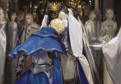 1boy 1girl aesc_(fate) aesc_(savior)_(fate) armor blonde_hair blood blood_on_clothes blue_cloak cherroppi cloak crown fate/grand_order fate_(series) highres poisoned ponytail robe uther_pendragon_(fate) white_robe